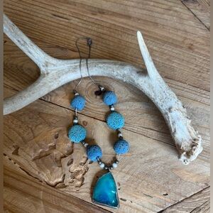 Roman Glass Pendant Necklace with Lava Beads Sterling Silver